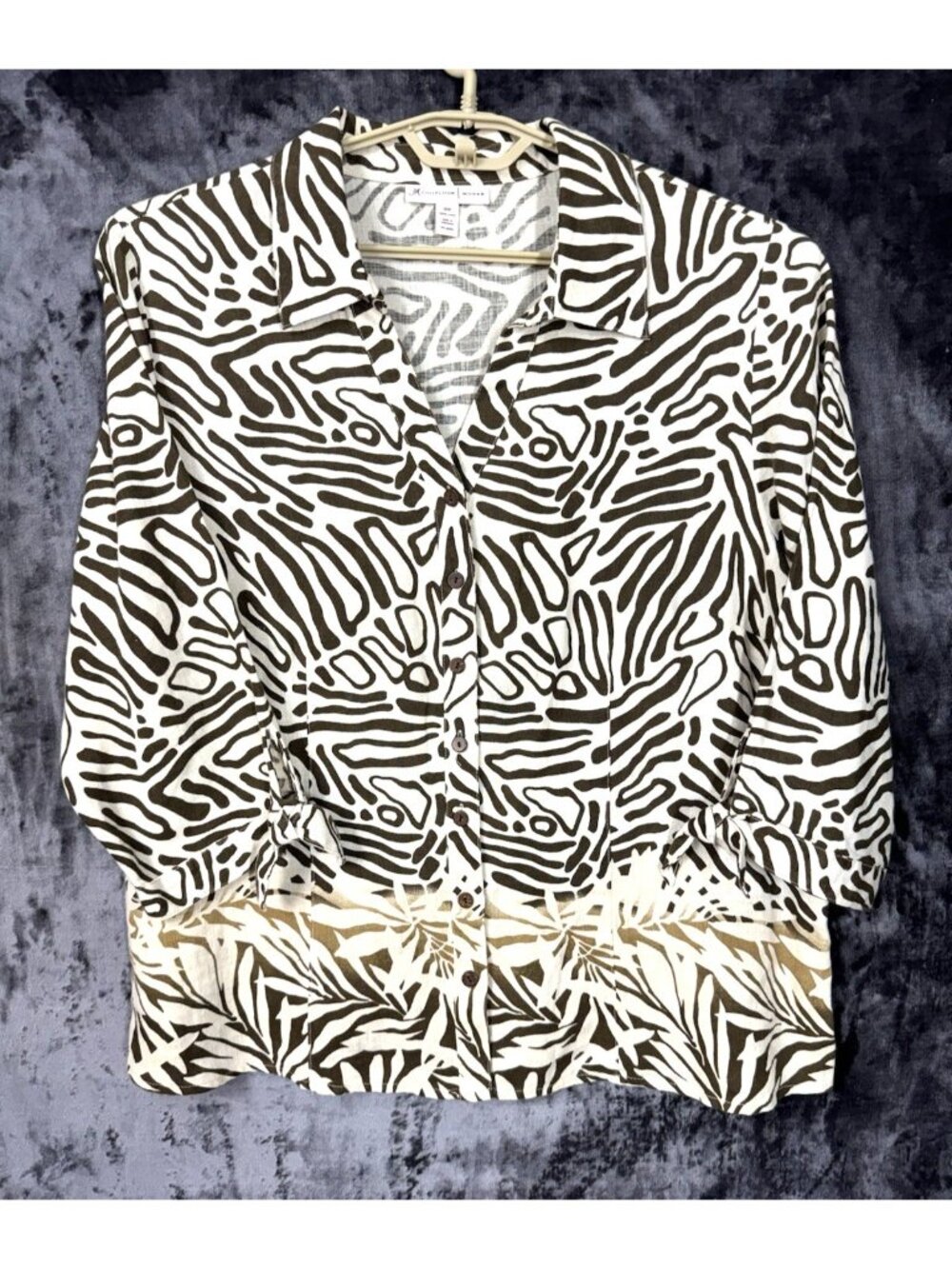 JM Collection Linen Blouse Womens 18W Animal Print Plus Size Button Front Top